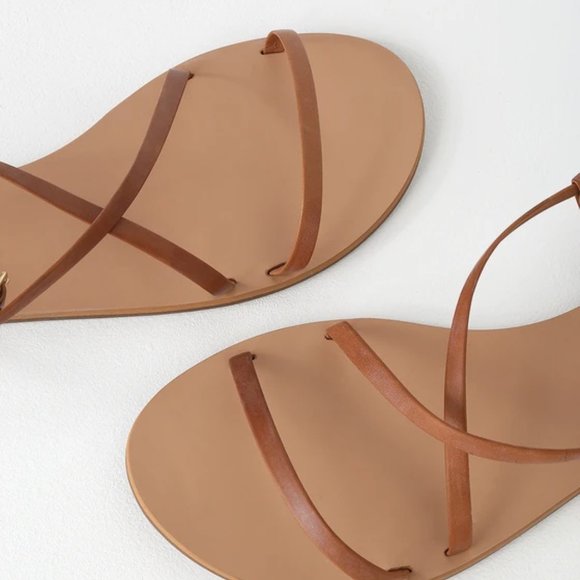 Lulus Chrissy Cognac Leather Flat Sandals Tan - Picture 3 of 4